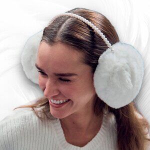 White Faux Fur Earmuffs with Pearl Headband Cozy Winter Accessory